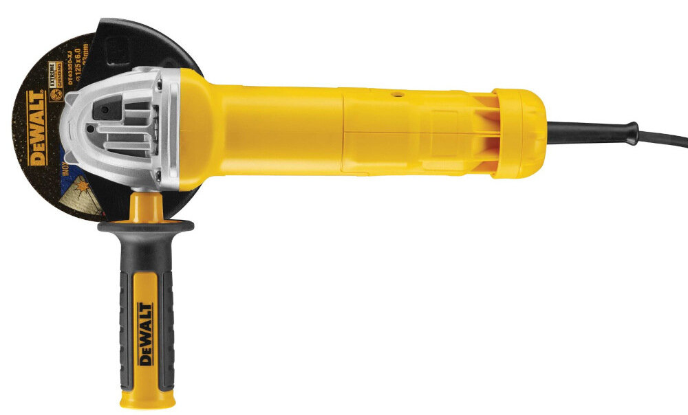 Szlifierka kątowa DEWALT DWE4203-QS ergonomiczna rękojeśc pokryta tworzywa sztucznym antywibracyjna rękojeść boczna waga 2,2 kg
