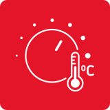 Czerwony kwadrat z białą ikoną przedstawiającą pokrętło i termometr z oznaczeniem \'°C\'.