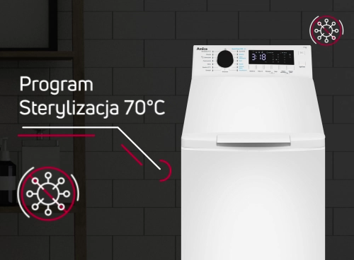 Biała pralka z panelem sterowania na górze, wyświetlającym czas 3:18. Obok widoczny jest napis \'Program Sterylizacja 70°C\' oraz ikony symbolizujące sterylizację.