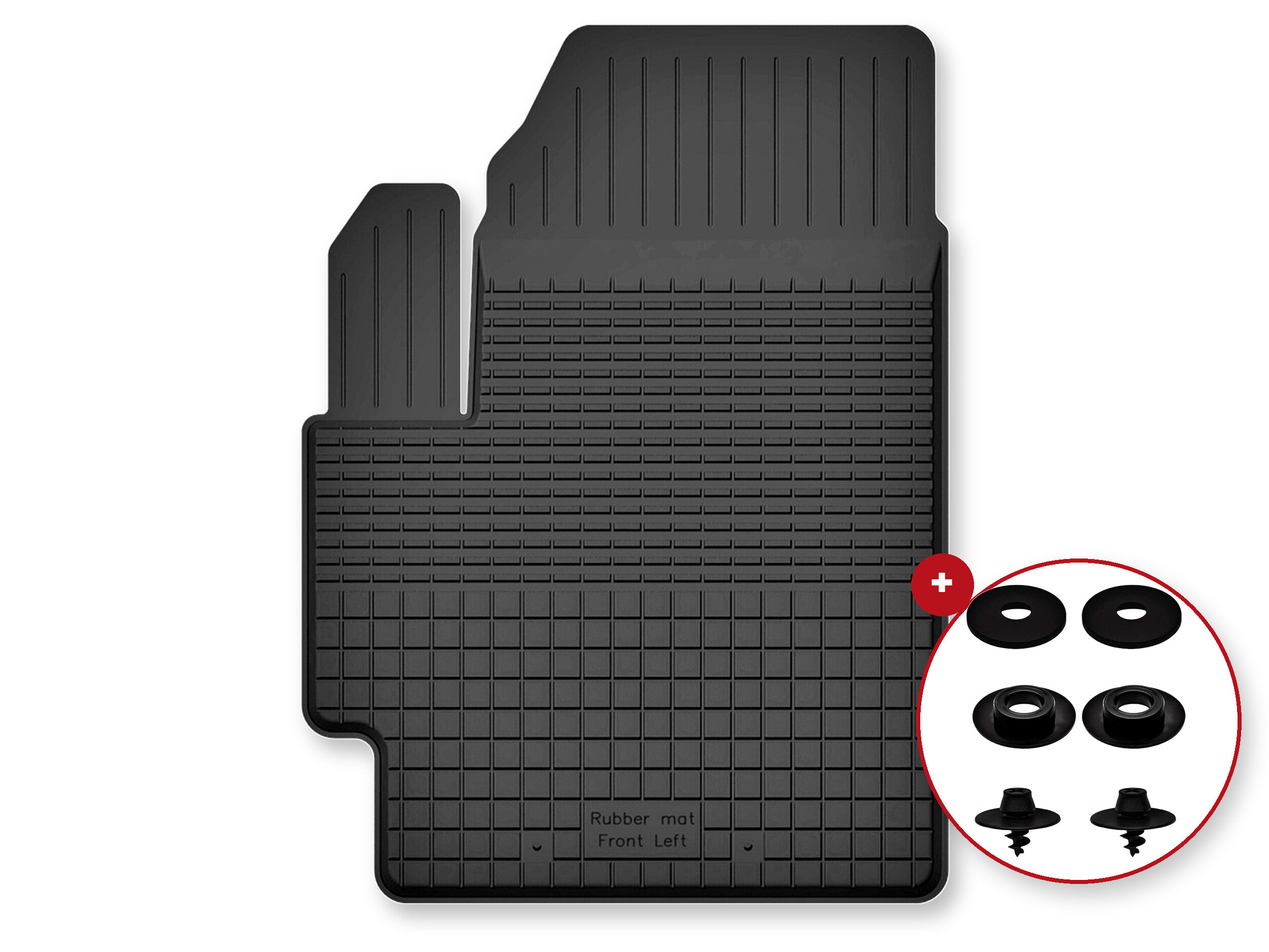 Czarny gumowy dywanik samochodowy z korytkowym wzorem i napisem \'Rubber mat Front Left\'. Obok widoczne są cztery czarne stopery w okrągłym obramowaniu.