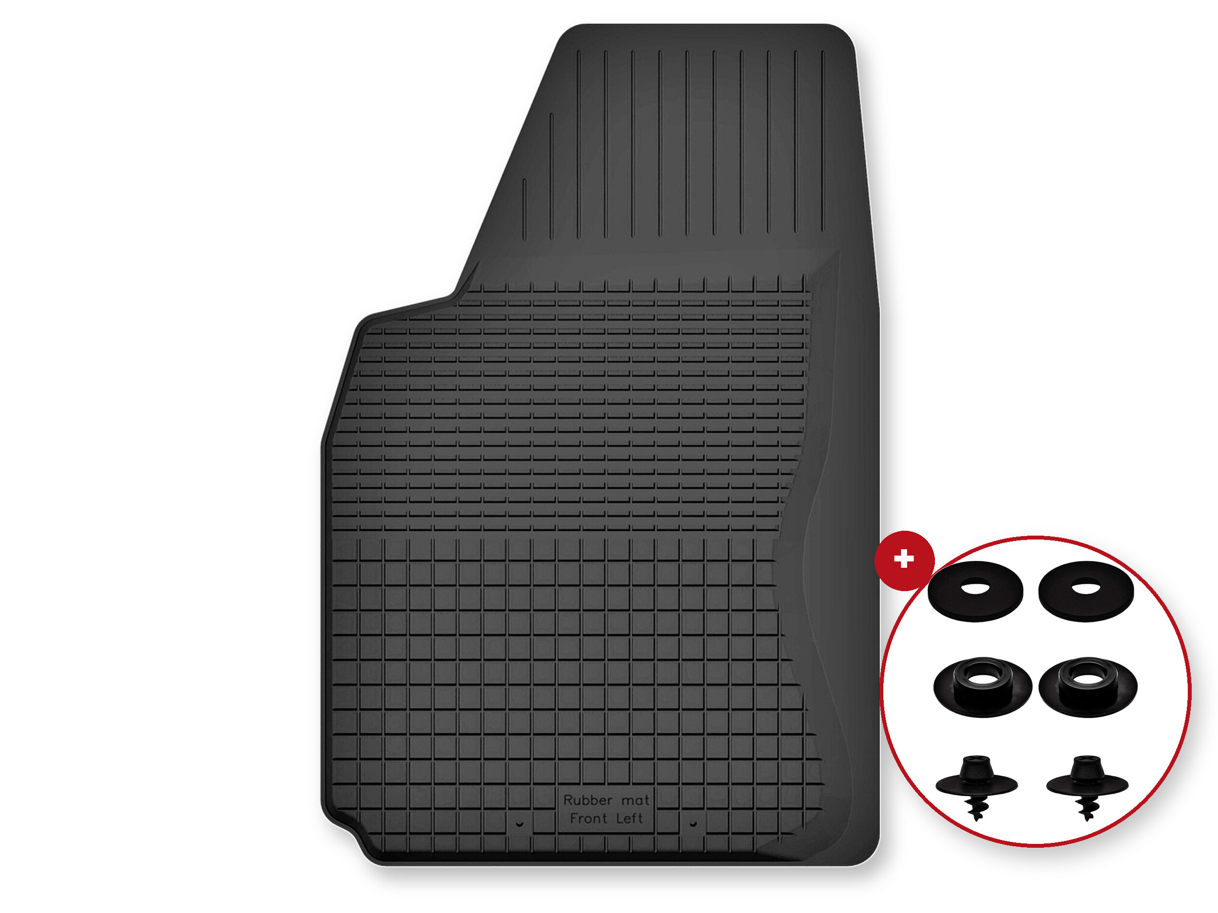 Czarny dywanik samochodowy z teksturą kratki i napisem \'Rubber mat Front Left\'. Obok widoczne są cztery czarne elementy montażowe w okręgu z czerwonym plusem.