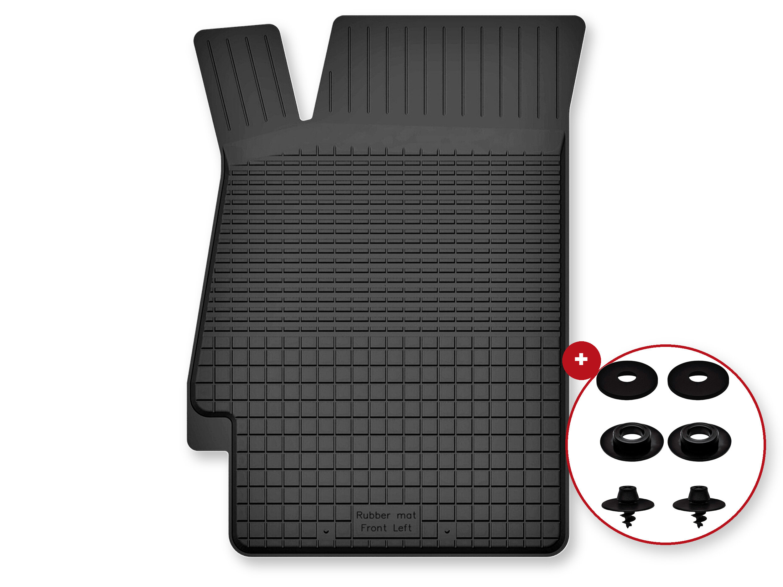 Czarny gumowy dywanik samochodowy z napisem \'Rubber mat Front Left\' oraz zestawem stoperów w okrągłym czerwonym obramowaniu.