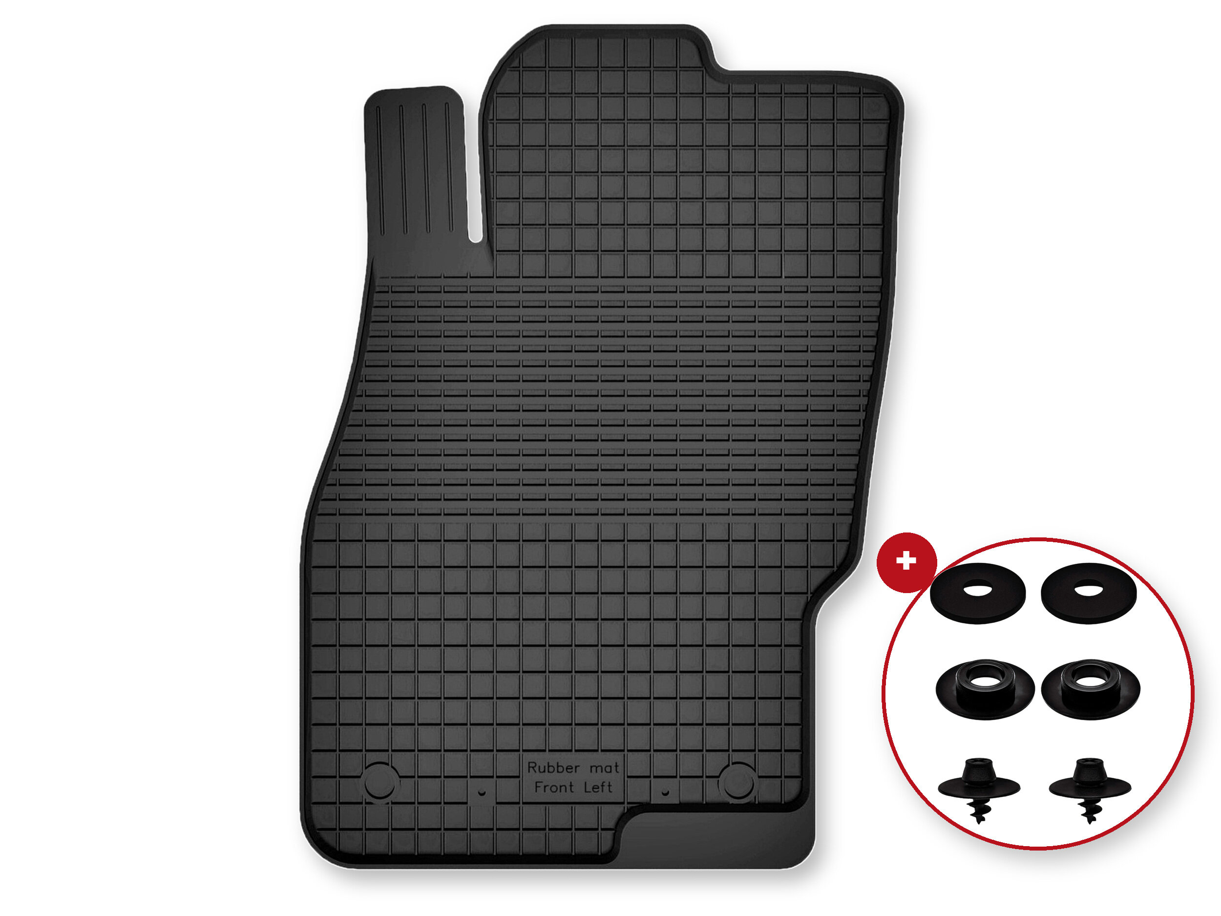 Czarny gumowy dywanik samochodowy z teksturą kratki i napisem \'Rubber mat Front Left\'. Obok widoczne są cztery okrągłe elementy montażowe w czerwonym okręgu.