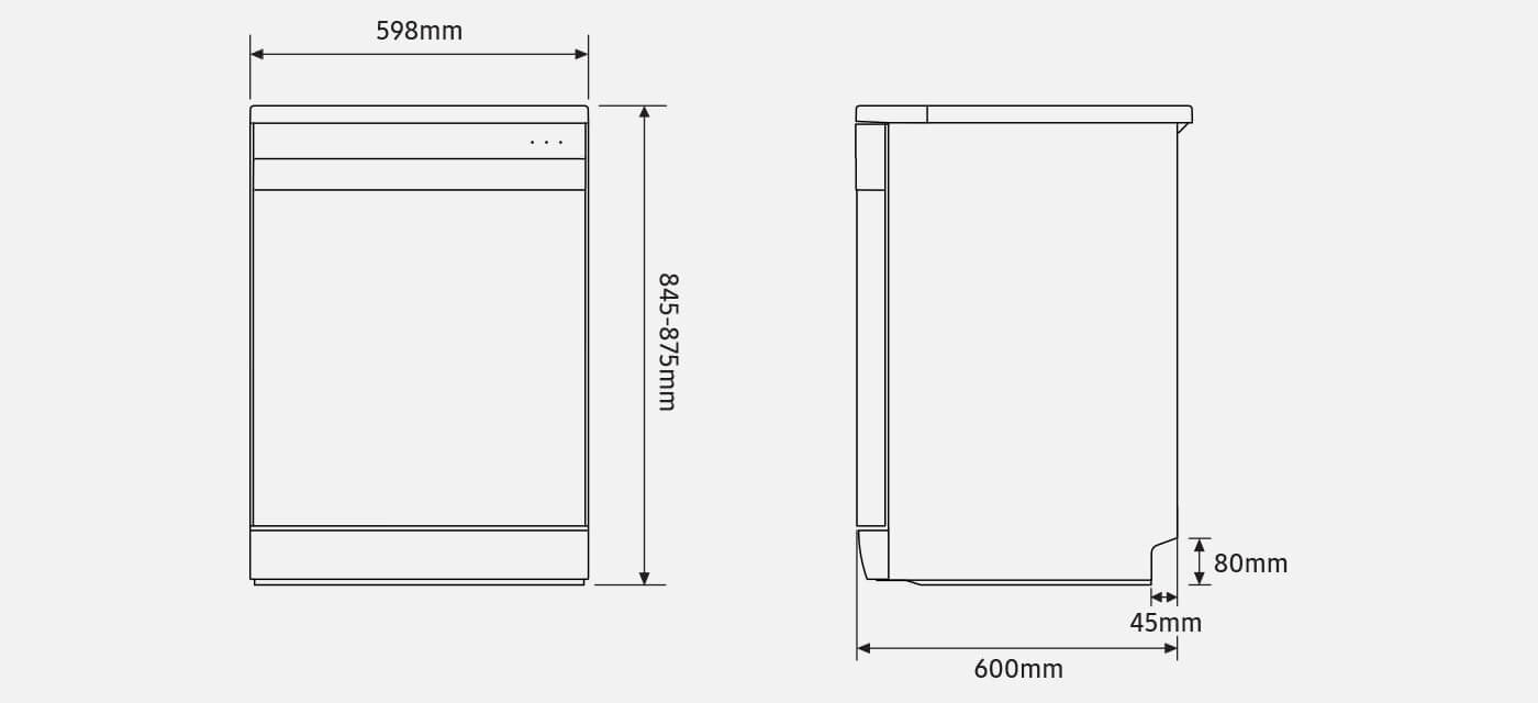 Wymiary wolnostojącej zmywarki Samsung DW70H73YCFEU1 Schemat zmywarki z wymiarami: szerokość 598 mm, wysokość 845-875 mm, głębokość 600 mm, z dodatkowym wymiarem 80 mm i 45 mm z boku.