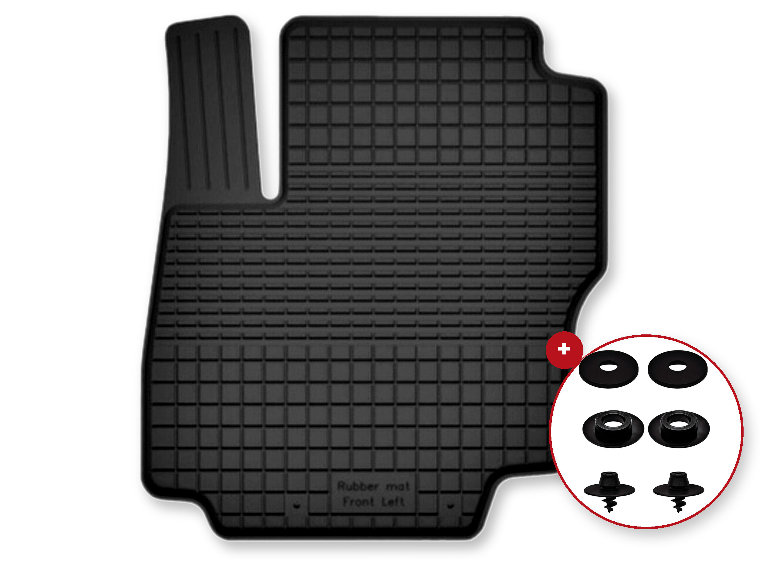 Czarny dywanik samochodowy z korytkowym wzorem i napisem \'Rubber mat Front Left\'. Obok widoczne są cztery czarne elementy montażowe w okrągłym obramowaniu.