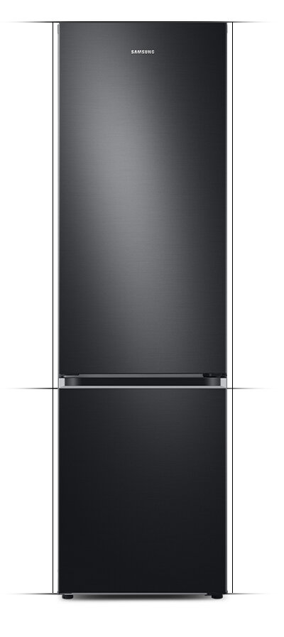 Wykończona w kolorze grafitowej stali lodówka Samsung RB38C605CB1 Lodówka w kolorze grafitowej stali z logo \'SAMSUNG\' na górnych drzwiach. Posiada dwie sekcje: górną chłodziarkę i dolny zamrażalnik.