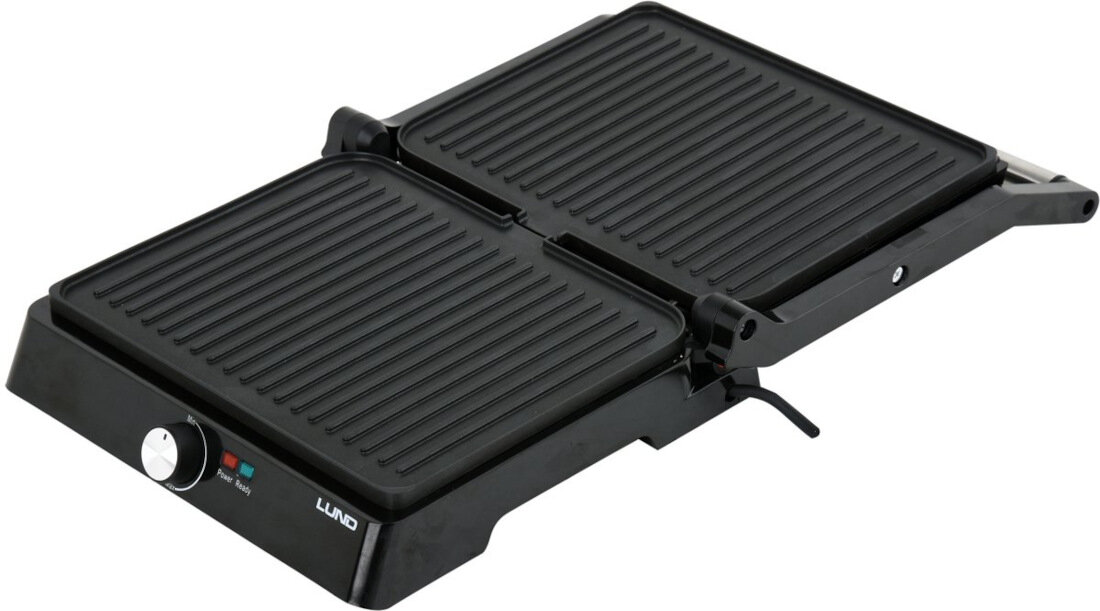 Na obrazie widoczny jest czarny grill elektryczny z dwoma żebrowanymi płytami grzewczymi. Na obudowie znajduje się pokrętło oraz logo \'LUND\'.