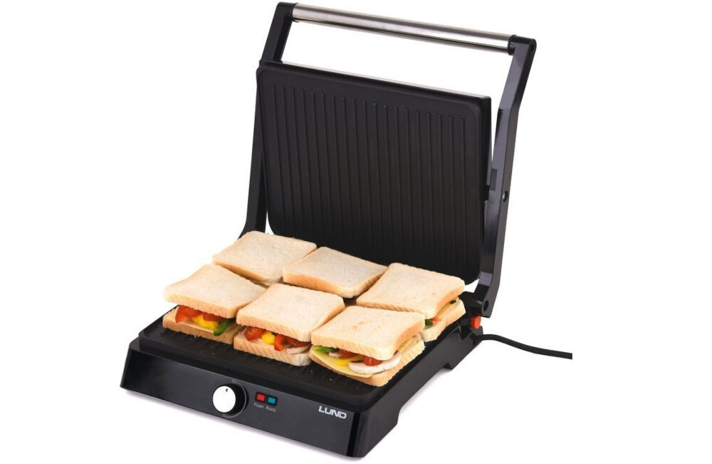 Grill elektryczny z otwartą pokrywą, na którym znajduje się sześć kanapek. Na urządzeniu widoczne jest logo \'LUND\'.