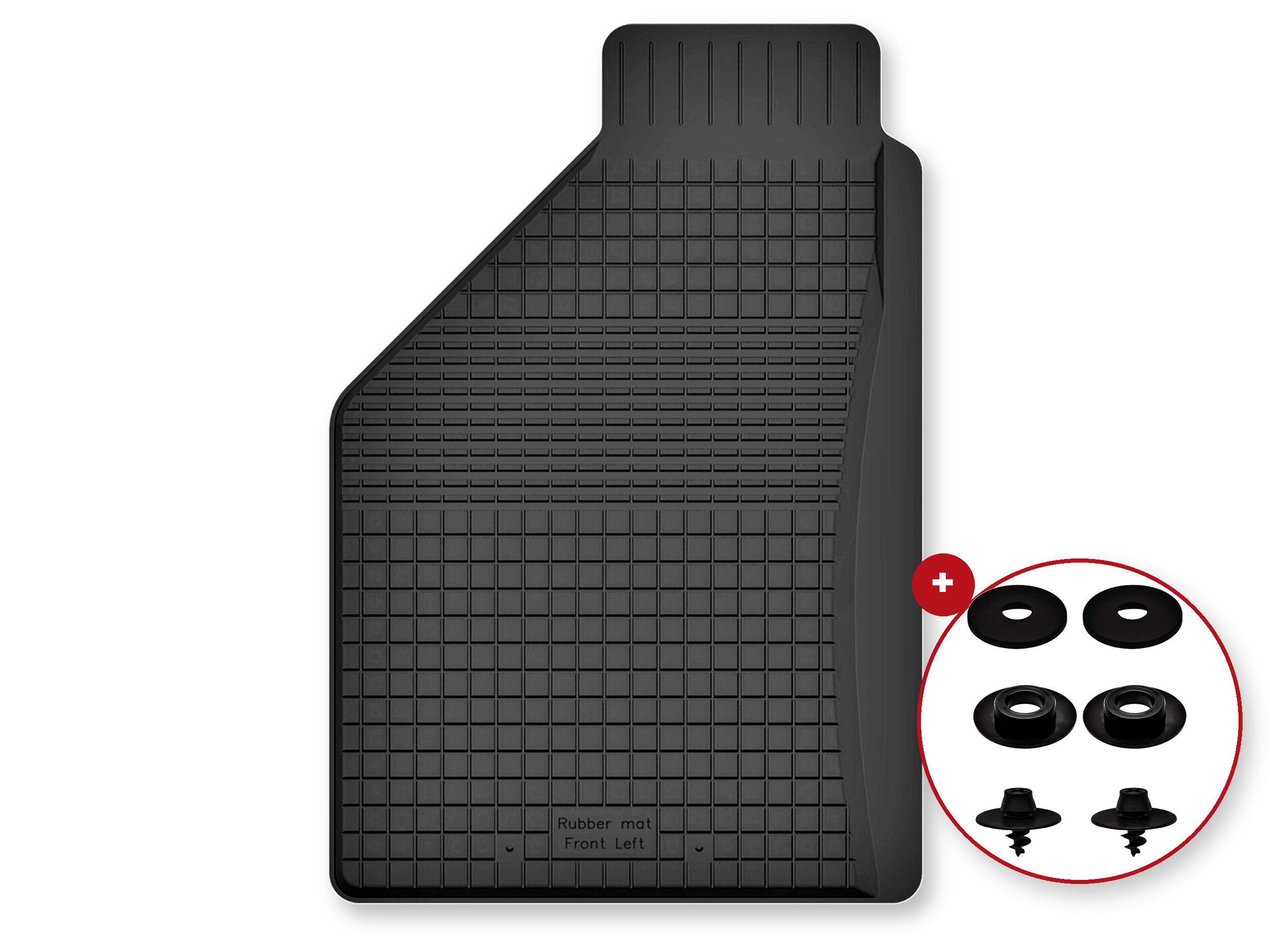 Czarny gumowy dywanik samochodowy z napisem \'Rubber mat Front Left\' oraz zestawem stoperów w okrągłym obramowaniu.