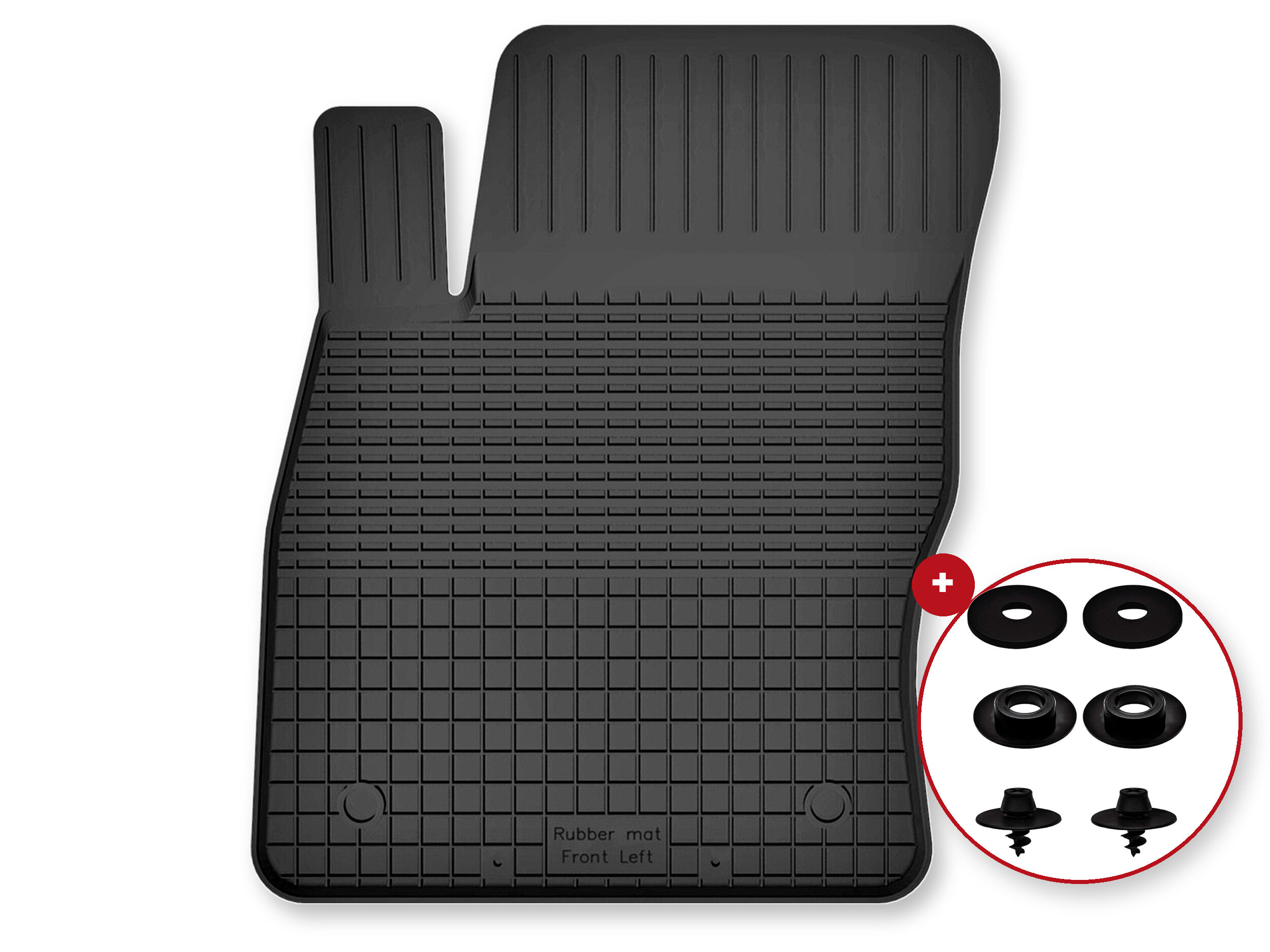 Czarny gumowy dywanik samochodowy z teksturą kratki i napisem \'Rubber mat Front Left\'. Obok widoczne są cztery okrągłe elementy montażowe w czerwonym okręgu.