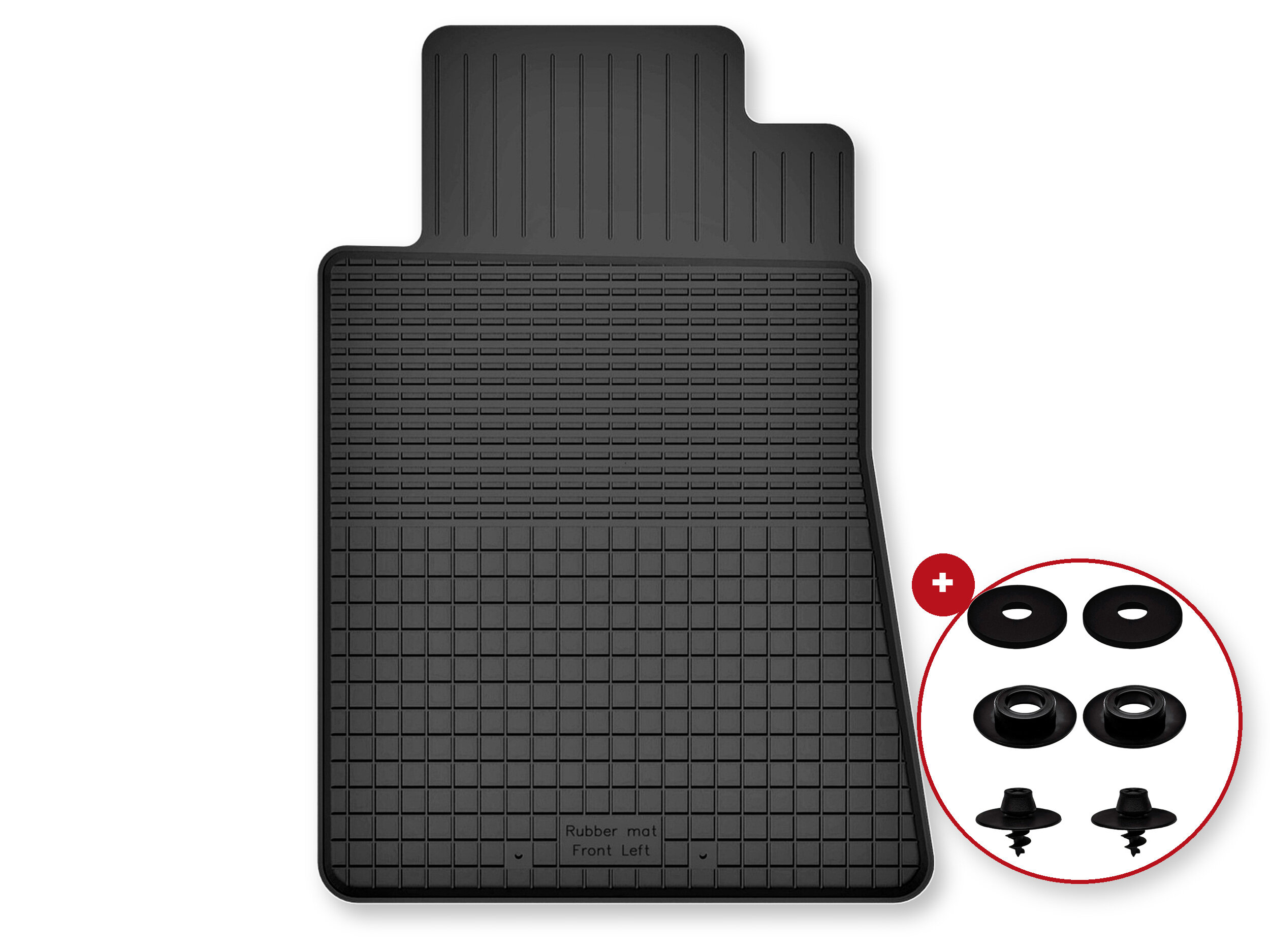 Czarny dywanik samochodowy z teksturą kratki i napisem \'Rubber mat Front Left\'. Obok widoczne są cztery czarne stopery w czerwonym okręgu.