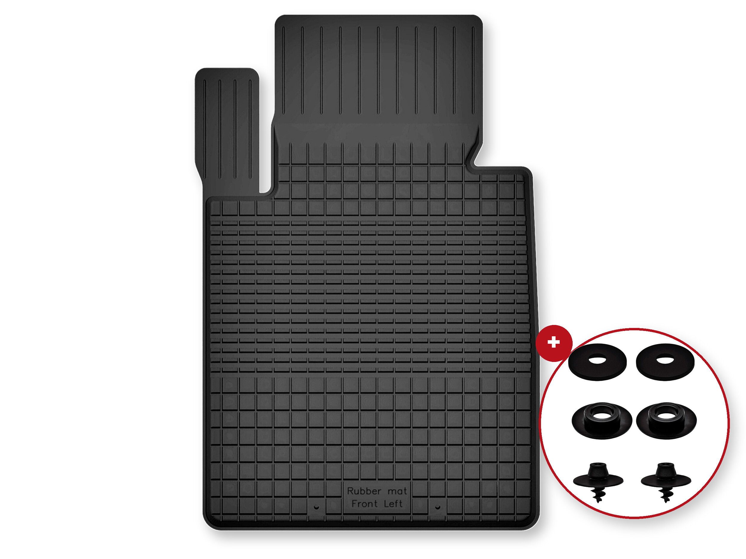 Czarny gumowy dywanik samochodowy z napisem \'Rubber mat Front Left\' oraz zestawem stoperów w okrągłym czerwonym obramowaniu.
