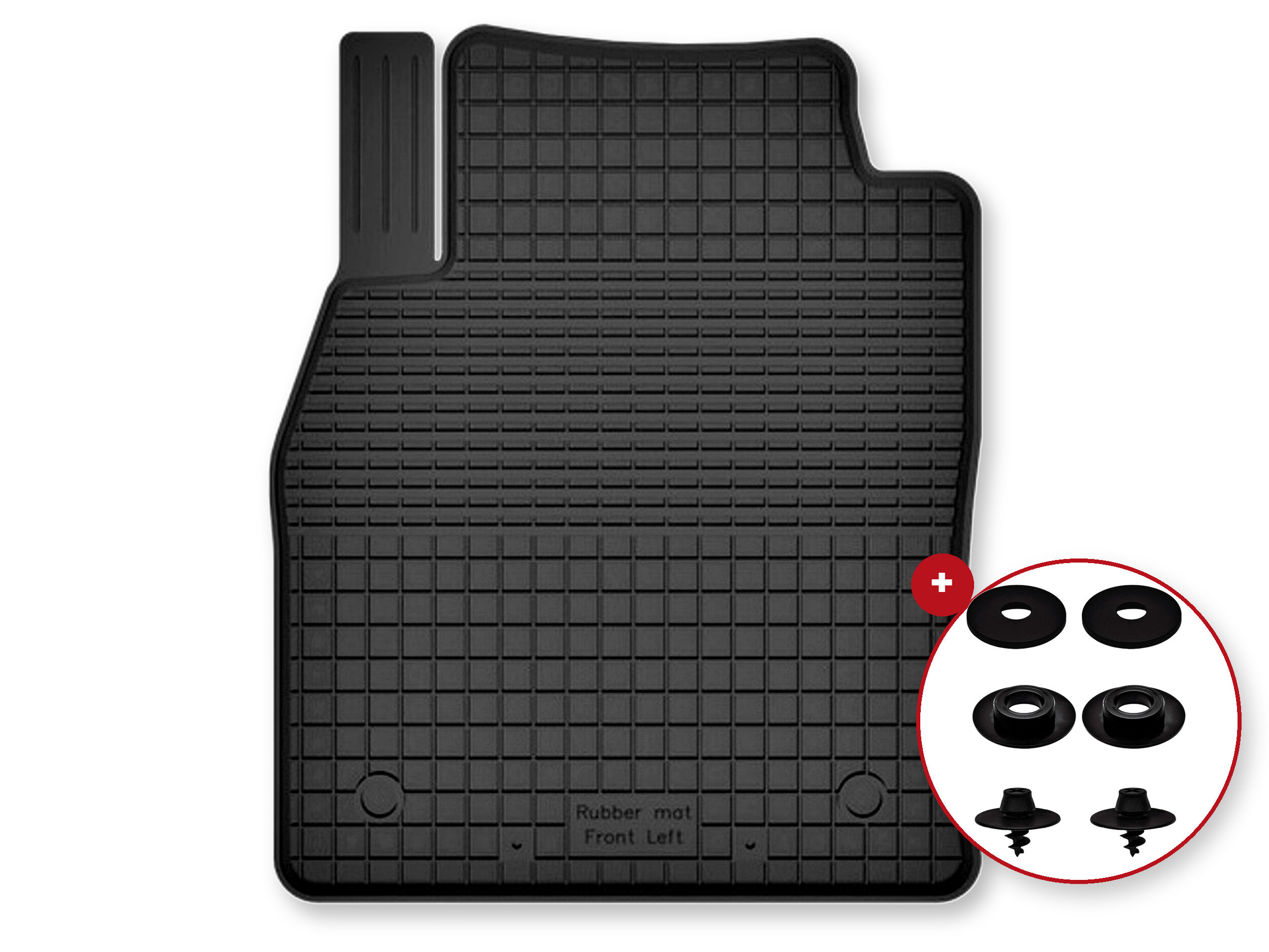 Czarny dywanik samochodowy z gumy o prostokątnym kształcie z wycięciem, z napisem \'Rubber mat Front Left\'. Obok widoczne są cztery okrągłe elementy montażowe w czerwonym okręgu.