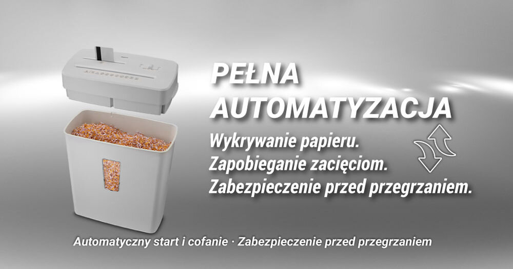 Obraz przedstawia niszczarkę z otwartym pojemnikiem na ścinki oraz tekst: \'PEŁNA AUTOMATYZACJA Wykrywanie papieru. Zapobieganie zacięciom. Zabezpieczenie przed przegrzaniem. Automatyczny start i cofanie - Zabezpieczenie przed przegrzaniem\'.