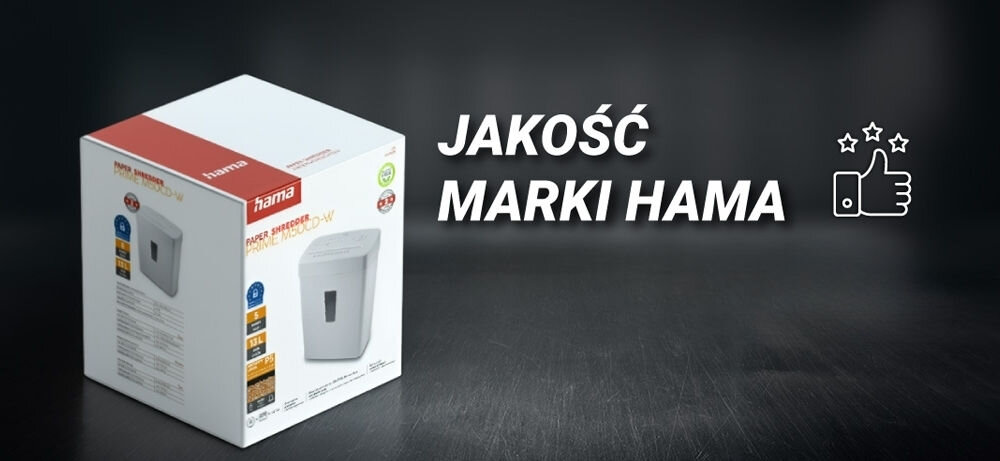 Na ciemnym tle znajduje się pudełko z niszczarką Hama, obok napis \'JAKOŚĆ MARKI HAMA\' oraz ikona kciuka w górę z gwiazdkami.