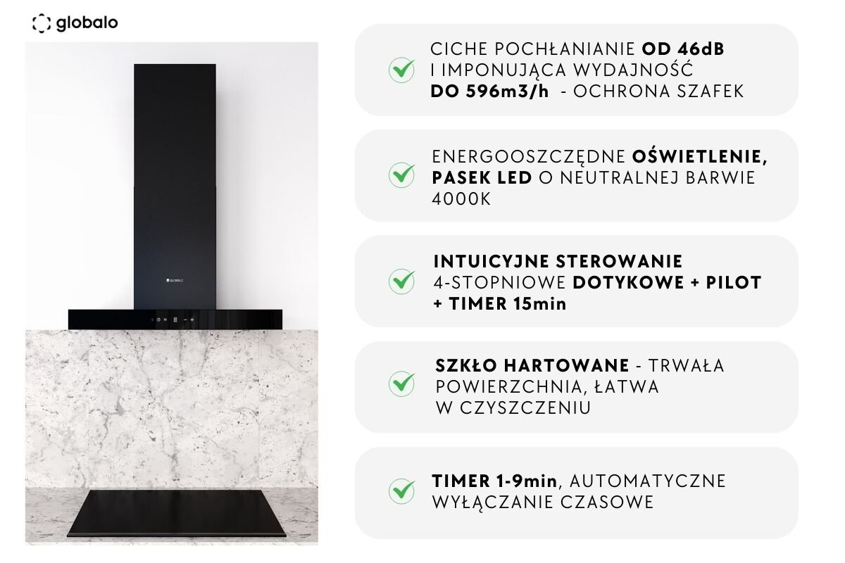 Na obrazie widoczny jest czarny okap kuchenny z logo \'globalo\' na białym tle. Obok znajdują się informacje: \'CICHE POCHŁANIANIE OD 46dB I IMPONUJĄCA WYDAJNOŚĆ DO 596m3/h - OCHRONA SZAFEK\', \'ENERGOOSZCZĘDNE OŚWIETLENIE, PASEK LED O NEUTRALNEJ BARWIE 4000K\', \'INTUICYJNE STEROWANIE 4-STOPNIOWE DOTYKOWE + PILOT + TIMER 15min\', \'SZKŁO HARTOWANE - TRWAŁA POWIERZCHNIA, ŁATWA W CZYSZCZENIU\', \'TIMER 1-9min, AUTOMATYCZNE WYŁĄCZANIE CZASOWE\'.