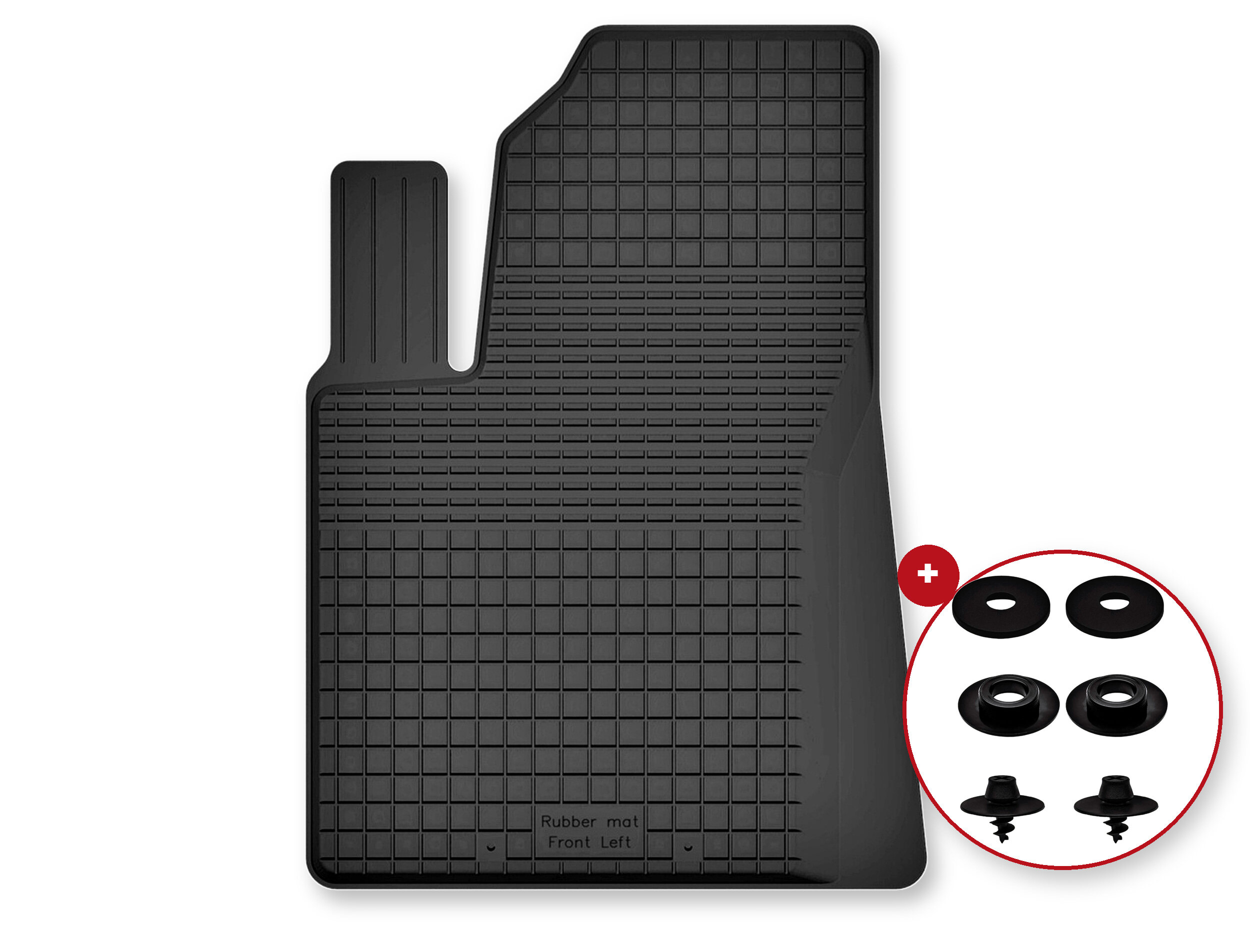Czarny gumowy dywanik samochodowy z napisem \'Rubber mat Front Left\' oraz zestawem czterech stoperów w okrągłym obramowaniu.