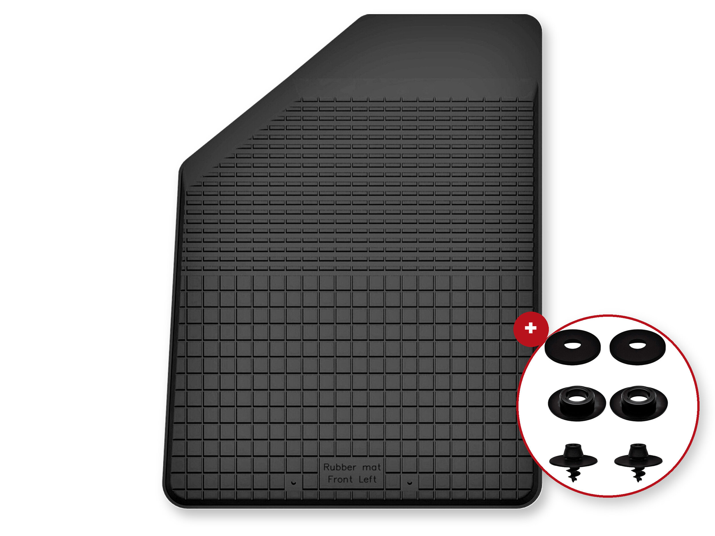 Czarny gumowy dywanik samochodowy z napisem \'Rubber mat Front Left\' oraz zestaw czterech stoperów w okrągłym obramowaniu.