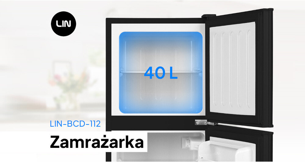 Obraz przedstawia otwartą zamrażarkę z napisem \'40L\' na niebieskim tle wewnątrz. Widoczne są również napisy \'LIN-BCD-112\' oraz \'Zamrażarka\', a w lewym górnym rogu znajduje się logo \'LIN\'.