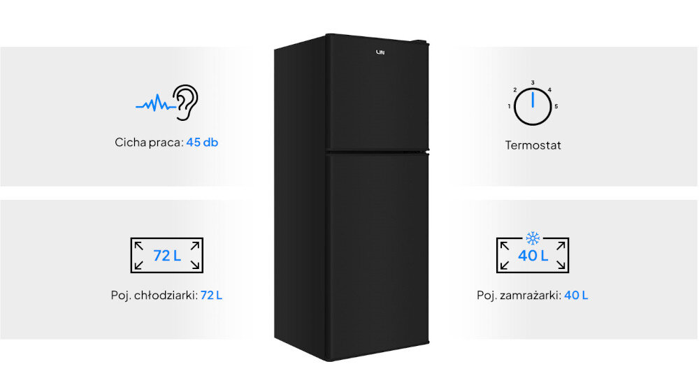Czarna lodówka z logo LIN, z dwoma drzwiami, obok której znajdują się informacje: \'Cicha praca: 45 db\', \'Termostat\', \'Poj. chłodziarki: 72L\', \'Poj. zamrażarki: 40L\'.