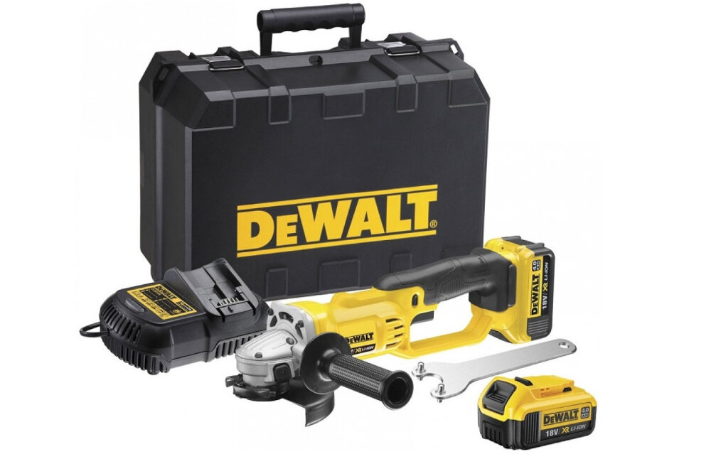 Szlifierka katowa DEWALT DCG412M2-QW wyposazenie zestaw komplet akcesoria rekojesc boczna klucz ladowarka 2 akumlatory walizka oslona