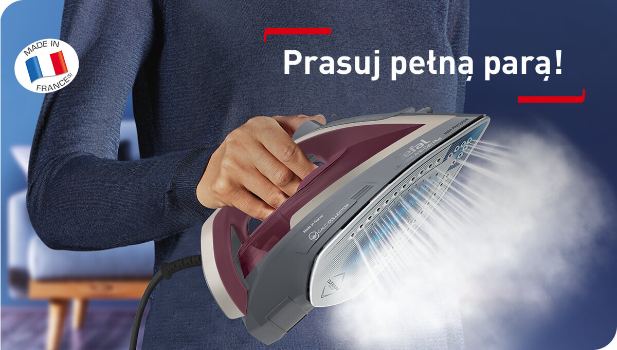 Osoba trzyma żelazko, z którego wydobywa się para. Na obrazie widoczny jest tekst: \'Prasuj pełną parą!\' oraz logo \'MADE IN FRANCE\'.