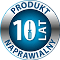 Okrągła ikona z napisem \'PRODUKT NAPRAWIALNY 10 LAT\' oraz symbolem śrubokręta na niebieskim tle.