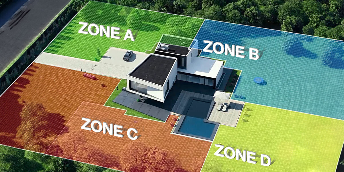 Obraz przedstawia nowoczesny dom otoczony podzielonym na cztery strefy terenem oznaczonym jako ZONE A, ZONE B, ZONE C i ZONE D. Każda strefa ma inny kolor: zielony, niebieski, czerwony i żółty.