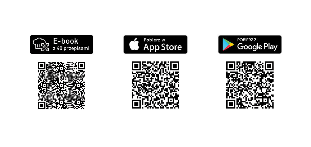 Trzy kody QR z etykietami: \'E-book z 40 przepisami\', \'Pobierz w App Store\', \'POBIERZ Z Google Play\'.