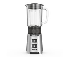 Blender z przezroczystym dzbankiem i metalową podstawą z dwoma przyciskami. Na podstawie widoczne jest logo \'Tefal\'.