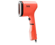 Na obrazie widoczna jest pomarańczowa parownica do ubrań z napisem \'Tefal Pure Pop\' na górnej części urządzenia.