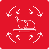 Czerwony kwadrat z białą ikoną przedstawiającą pieczeń na talerzu, otoczoną strzałkami wskazującymi cyrkulację powietrza.