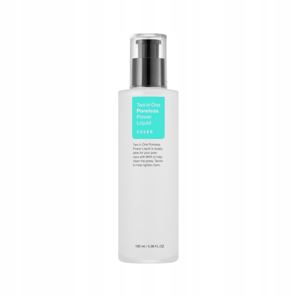 Biała butelka z przezroczystą pompką, na której widnieje turkusowa etykieta z napisem \'Two in One Poreless Power Liquid COSRX\'. Poniżej znajduje się tekst opisujący produkt oraz pojemność 100 ml / 3.38 FL.OZ.