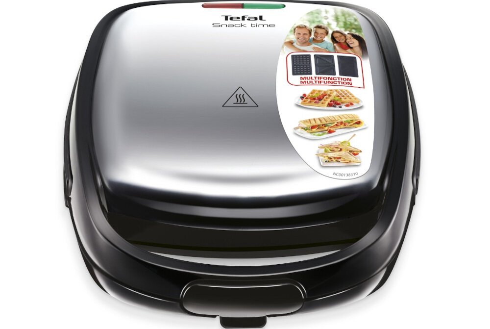 Srebrny opiekacz z logo \'Tefal Snack time\' na górze, z symbolem pary. Obok znajduje się naklejka z napisem \'MULTIFONCTION MULTIFUNCTION\' oraz zdjęciami potraw.
