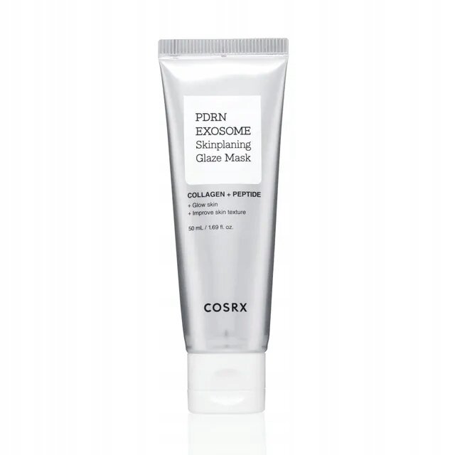 Na obrazie widoczna jest srebrna tubka z napisem \'PDRN EXOSOME Skinplaning Glaze Mask\'. Poniżej znajduje się tekst \'COLLAGEN + PEPTIDE + Glow Skin + Improve skin texture 50 mL / 1.69 fl. oz.\' oraz logo \'COSRX\'.