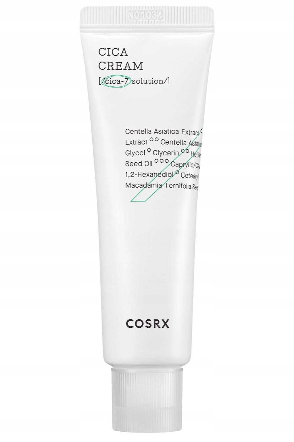Biała tubka z napisem \'CICA CREAM [cica-7 solution]\' oraz listą składników, takich jak Centella Asiatica Extract i Glycerin. Na dole widoczne jest logo \'COSRX\'.