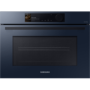 Piekarnik kompaktowy NQ5B6753CAN w porównaniu z innymi modelami Samsung Piekarnik elektryczny z mikrofalą w kolorze satynowego beżu, z wyświetlaczem i pokrętłem na panelu sterowania. Na froncie widoczne jest logo Samsung.