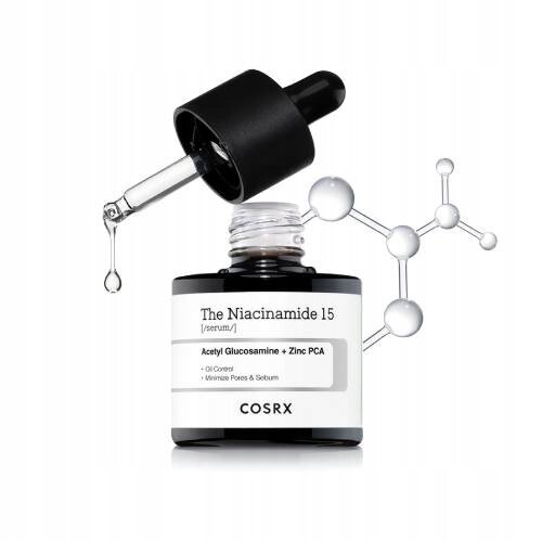 Na obrazie widoczna jest butelka z serum o nazwie \'The Niacinamide 15\' z pipetą, z której kapie kropla. Na etykiecie znajduje się tekst: \'Acetyl Glucosamine + Zinc PCA\', a poniżej logo \'COSRX\'.