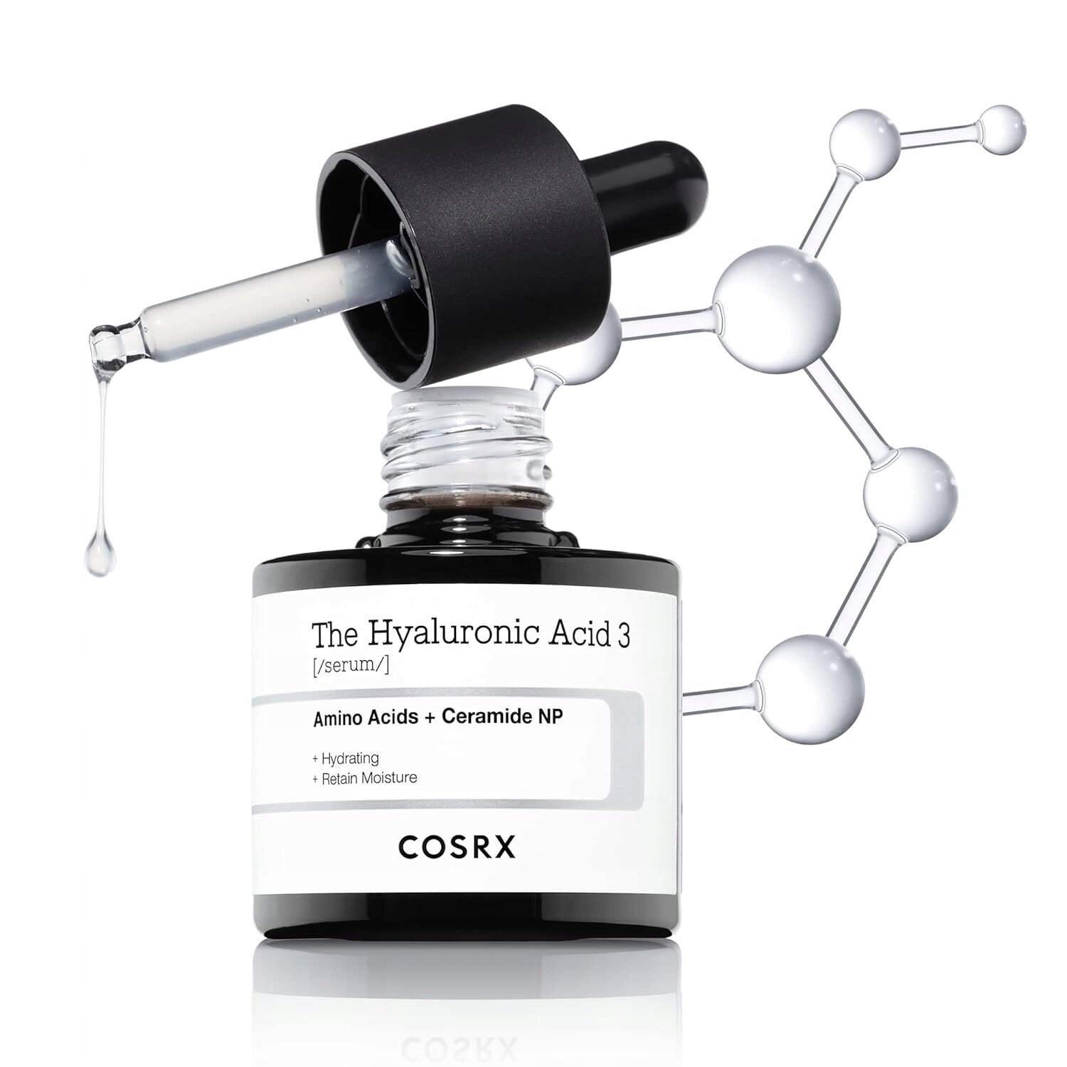 Na obrazie widoczna jest butelka z pipetą zawierająca serum o nazwie \'The Hyaluronic Acid 3\'. Na etykiecie napisano: \'Amino Acids + Ceramide NP, Hydrating, Retain Moisture, COSRX\'.
