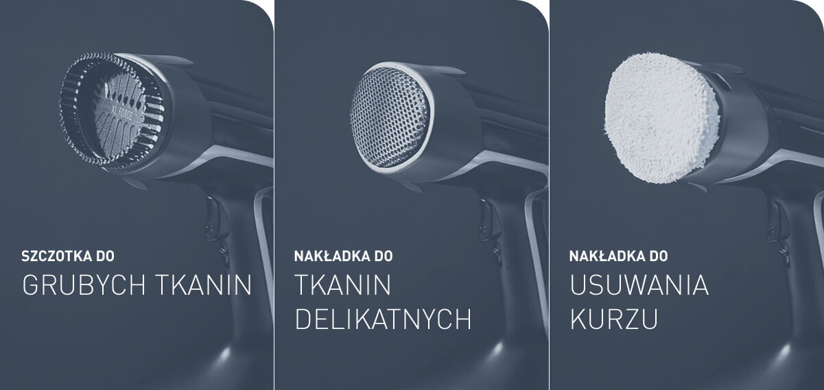 Obraz przedstawia trzy różne nakładki do parownicy do ubrań. Tekst na obrazach to: \'SZCZOTKA DO GRUBYCH TKANIN\', \'NAKŁADKA DO TKANIN DELIKATNYCH\', \'NAKŁADKA DO USUWANIA KURZU\'.