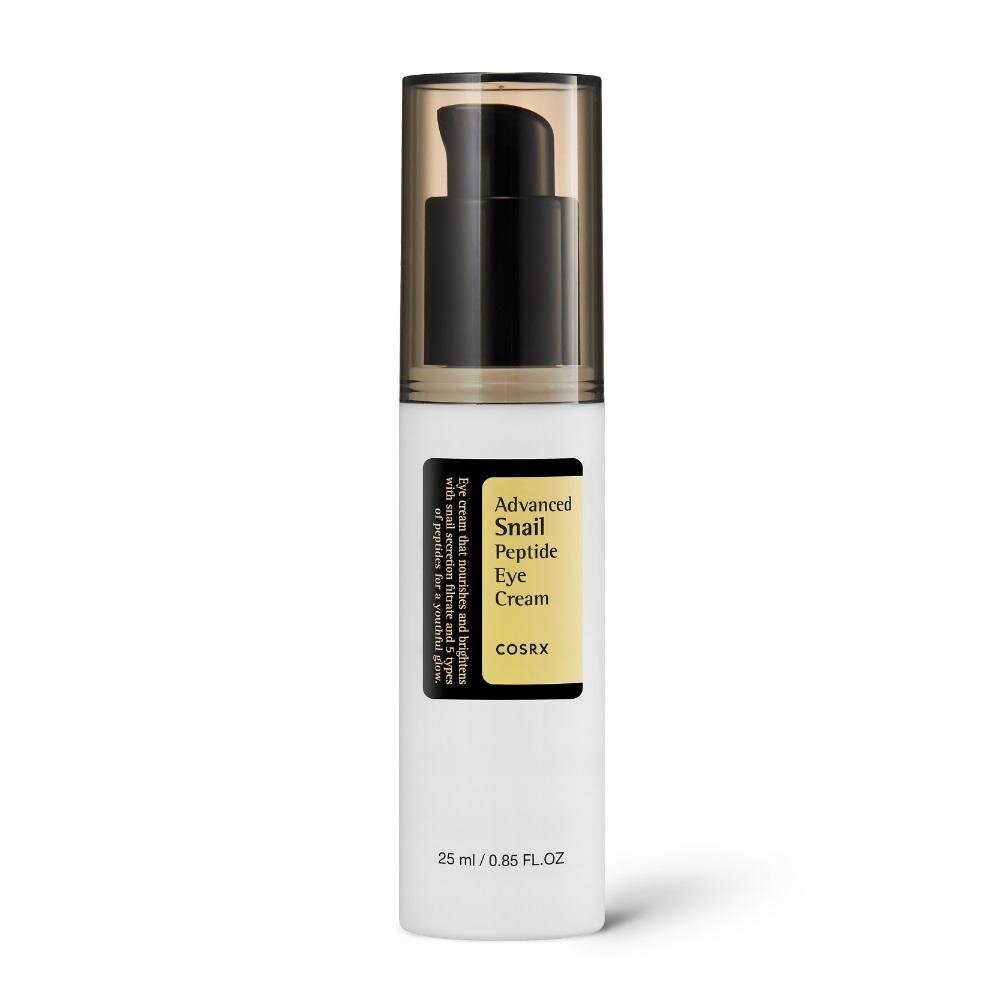 Biały pojemnik z pompką zawiera etykietę z napisem \'Advanced Snail Peptide Eye Cream COSRX\'. Na dole widnieje napis \'25 ml / 0.85 FL OZ\'.