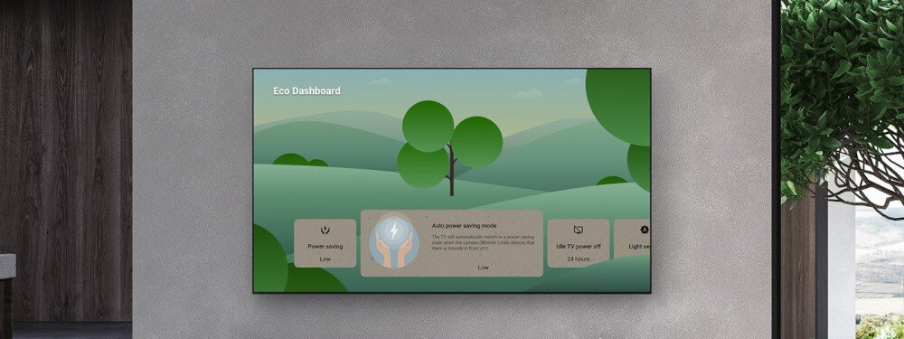Na ścianie wisi telewizor wyświetlający ekran z napisem \'Eco Dashboard\' oraz grafiką przedstawiającą zielone wzgórza i drzewo. Na ekranie widoczne są także trzy panele z informacjami o oszczędzaniu energii.