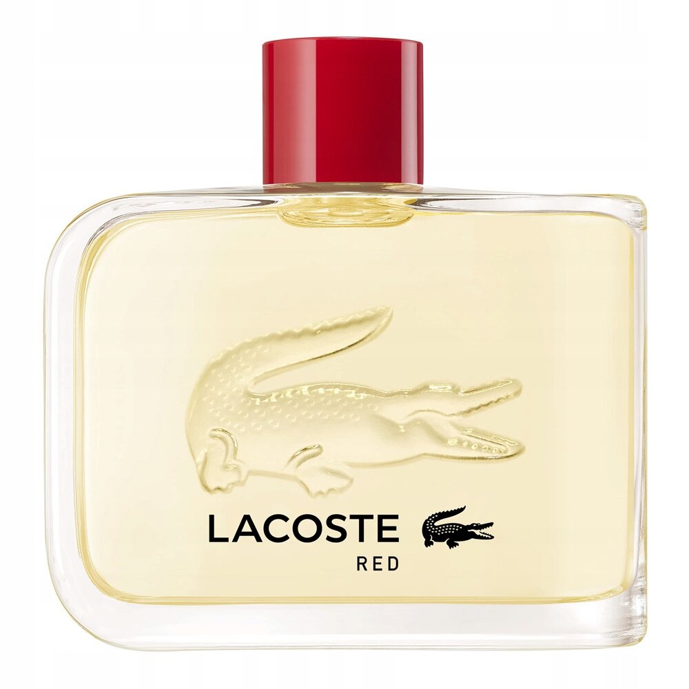 Przezroczysta butelka z czerwonym korkiem, na której widnieje wytłoczony krokodyl oraz napis \'LACOSTE RED\'.