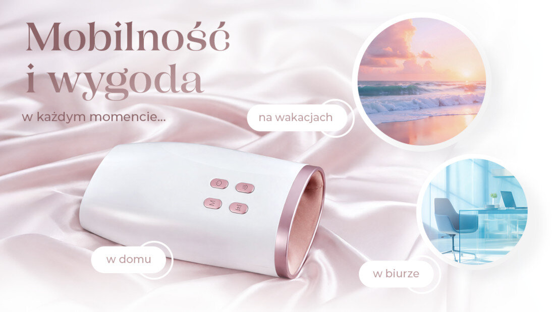 Na obrazie widoczny jest biały masażer z różowymi przyciskami, leżący na różowym materiale. Tekst na obrazie: \'Mobilność i wygoda w każdym momencie... w domu, na wakacjach, w biurze\'.