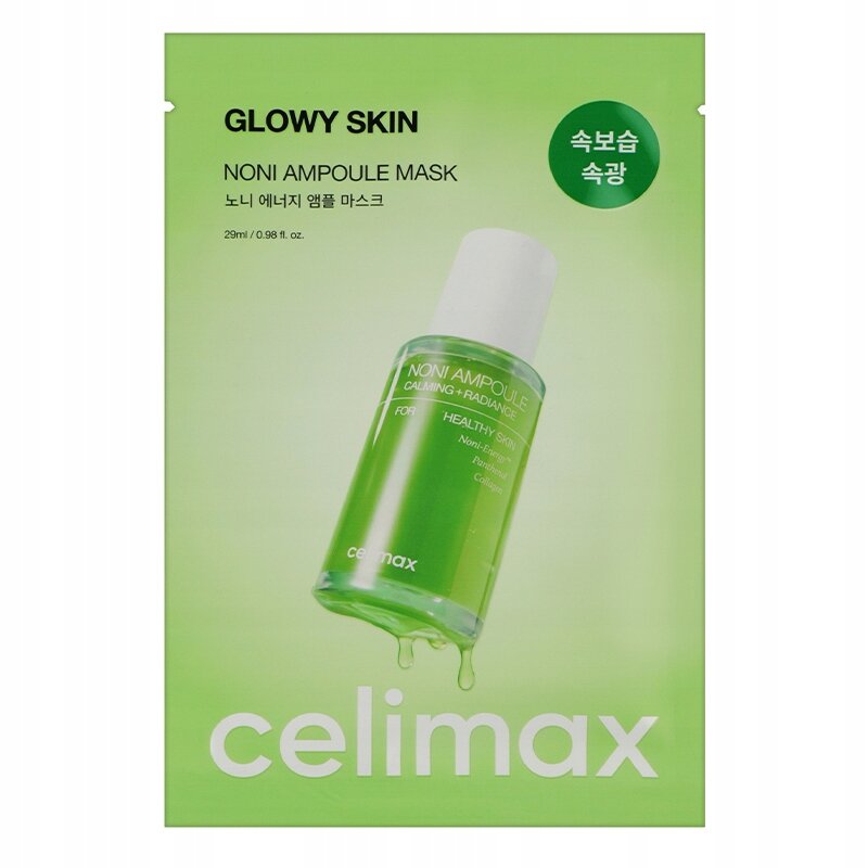 Opakowanie maseczki w płachcie z napisem \'GLOWY SKIN NONI AMPOULE MASK\' oraz grafiką butelki z zielonym płynem. Na dole widnieje logo \'celimax\'.