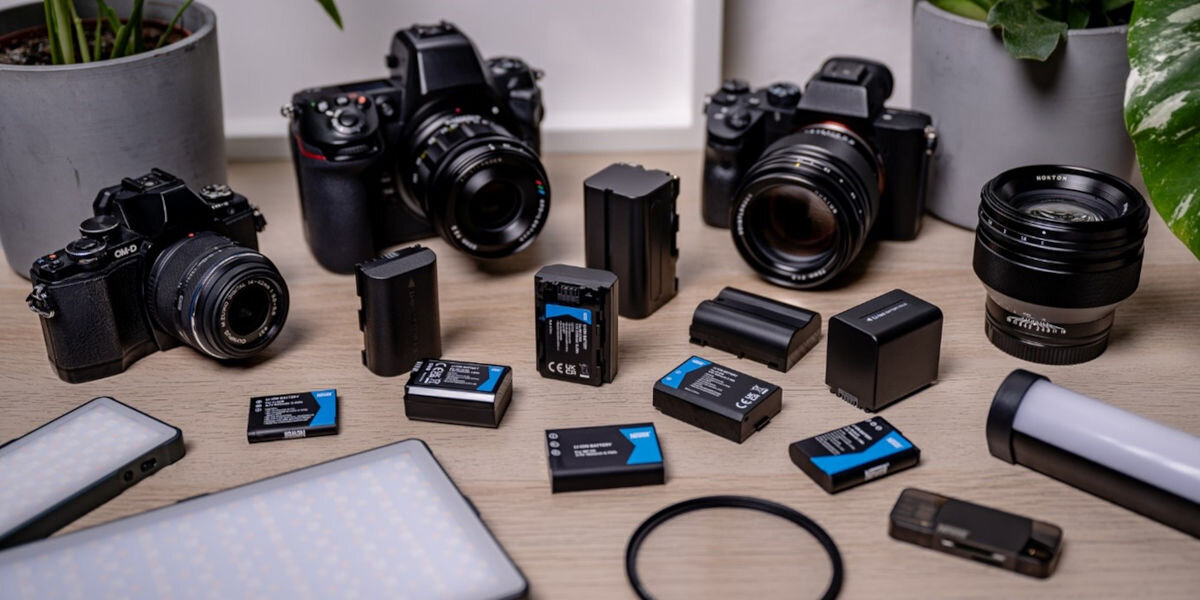 Akumulator NEWELL 1050 mAh do Pentax D-Li109, ogniwa, pojemność, ochrona, ładowanie, akumulatorki leżą wśród sprzętu fotograficznego