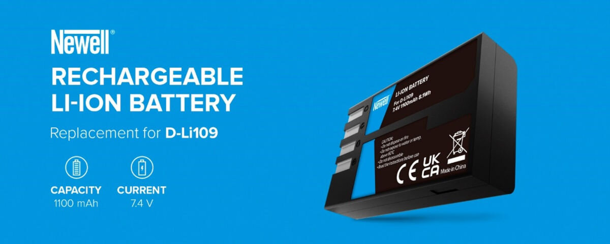 Akumulator NEWELL 1050 mAh do Pentax D-Li109, dopasowanie, montaż, kompatybilność, trwałość, na niebieskim tle akumulator newell