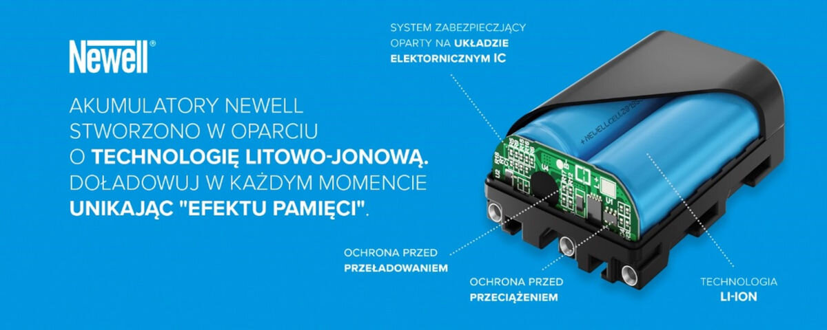 Akumulator NEWELL 1050 mAh do Pentax D-Li109, litowojonowy, pojemność, trwałość, technologia, na niebieskim tle wizualizacja budowy akumulatora