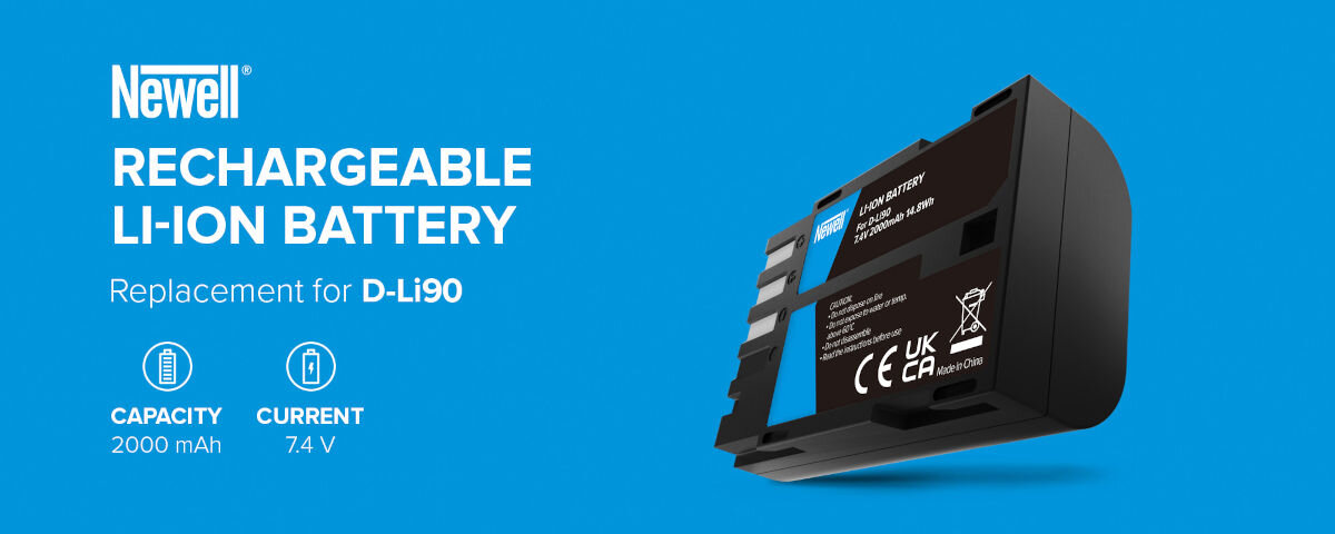 Akumulator NEWELL 1860 mAh do Pentax D-LI90, dopasowanie, montaż, kompatybilność, trwałość, na niebieskim tle akumulator newell