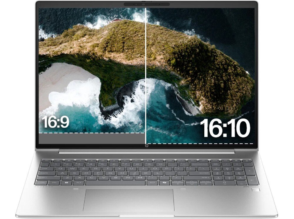 Laptop z wyświetlaczem pokazującym porównanie proporcji ekranu 16:9 i 16:10, z widokiem na wybrzeże. Klawiatura jest widoczna poniżej ekranu.